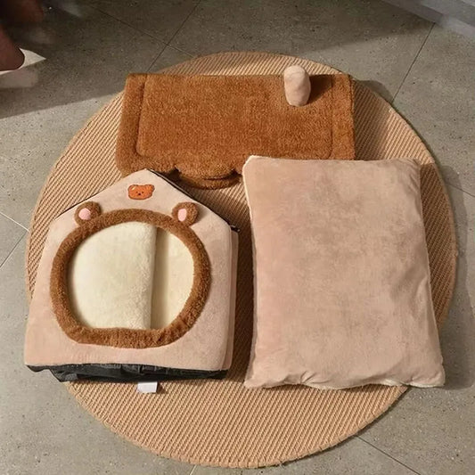 Foldable Cat & Puppy House – Soft Corduroy Pet Bed for Small Pets, Removable & Washable