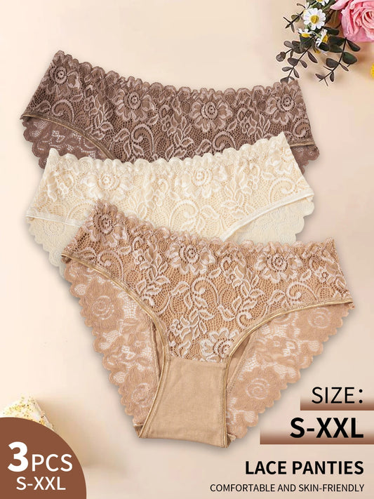 3-Piece Floral Lace Mid-Rise Cotton Brief Set