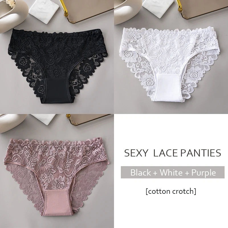3-Piece Floral Lace Cotton Brief Set
