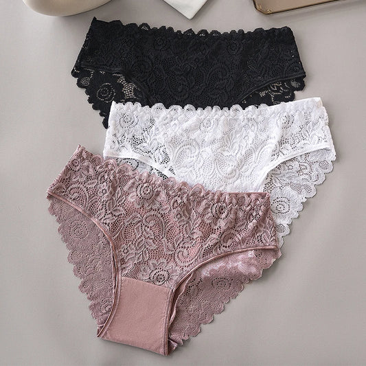 3-Piece Floral Lace Cotton Brief Set