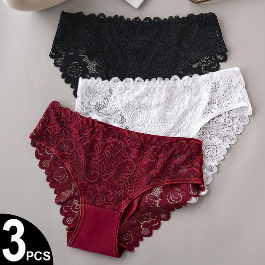3-Piece Floral Lace Cotton Brief Set