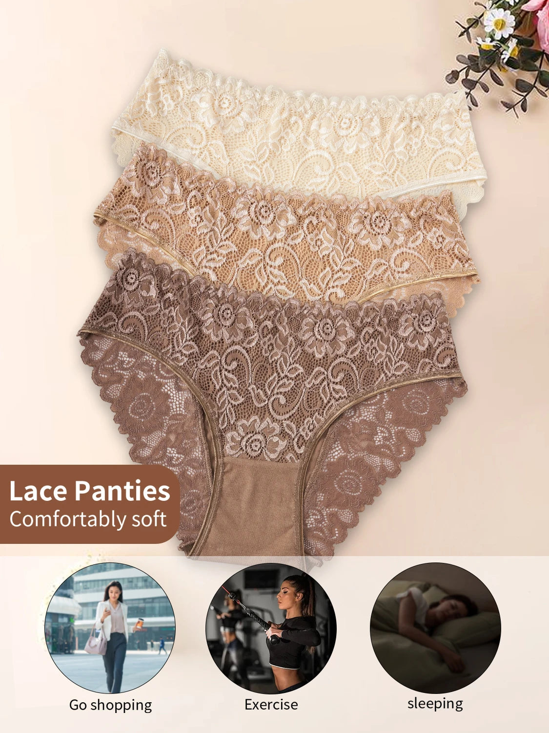 3-Piece Floral Lace Mid-Rise Cotton Brief Set