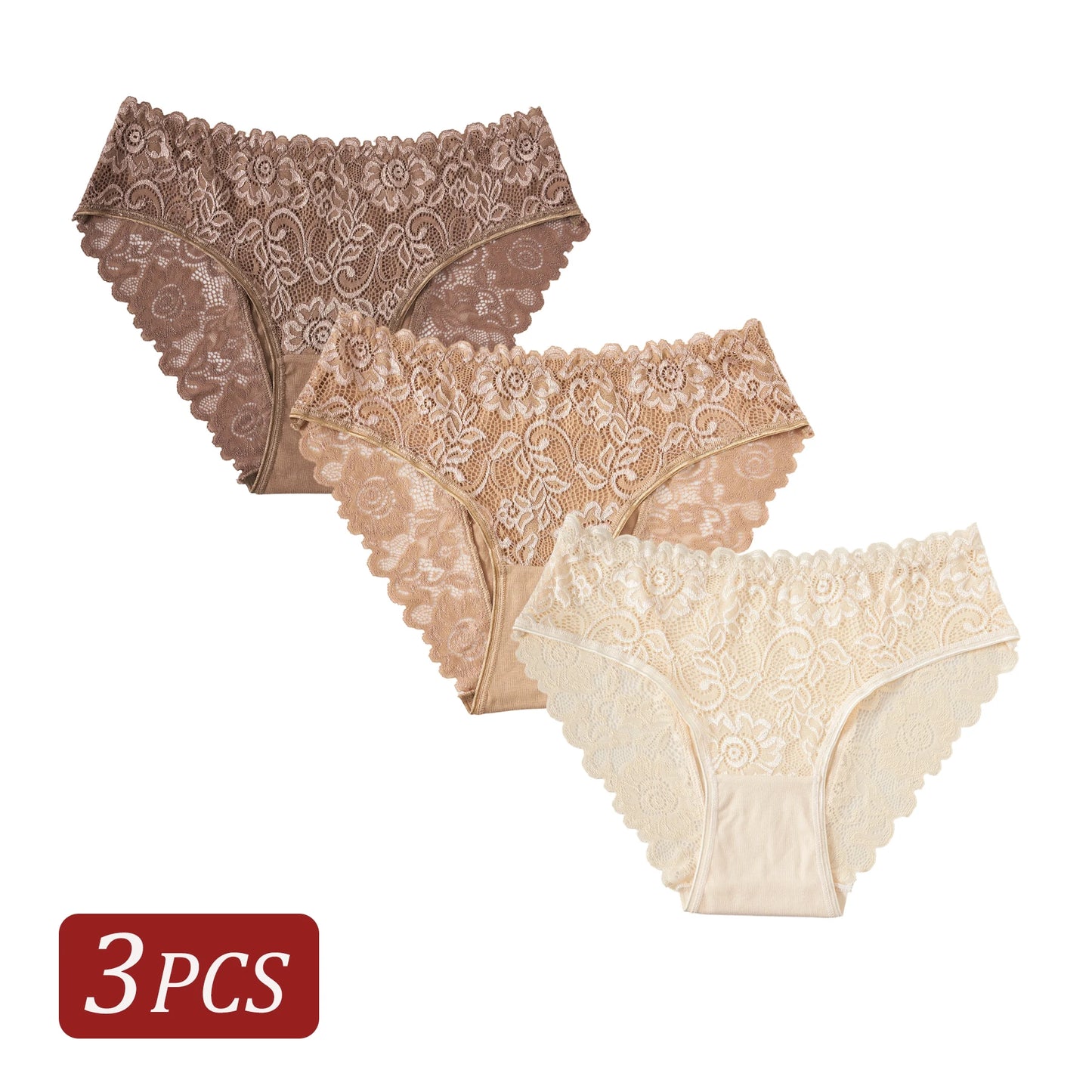 3-Piece Floral Lace Mid-Rise Cotton Brief Set
