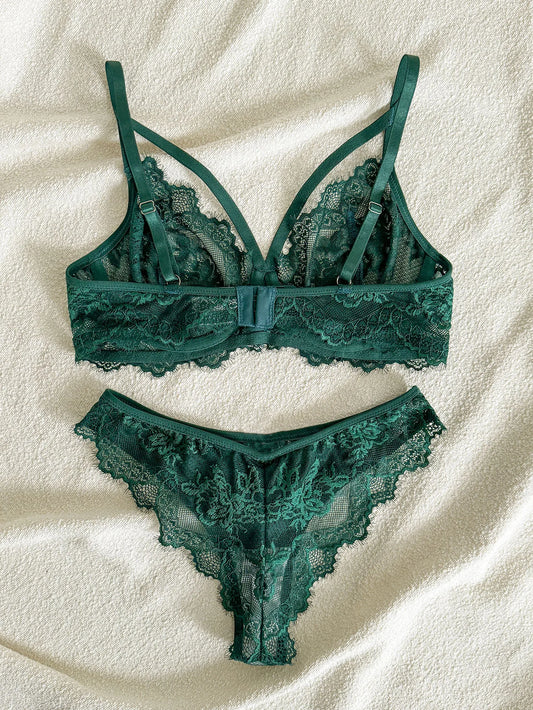 Emerald Eyelash Lace Bra & Brazilian Brief Set