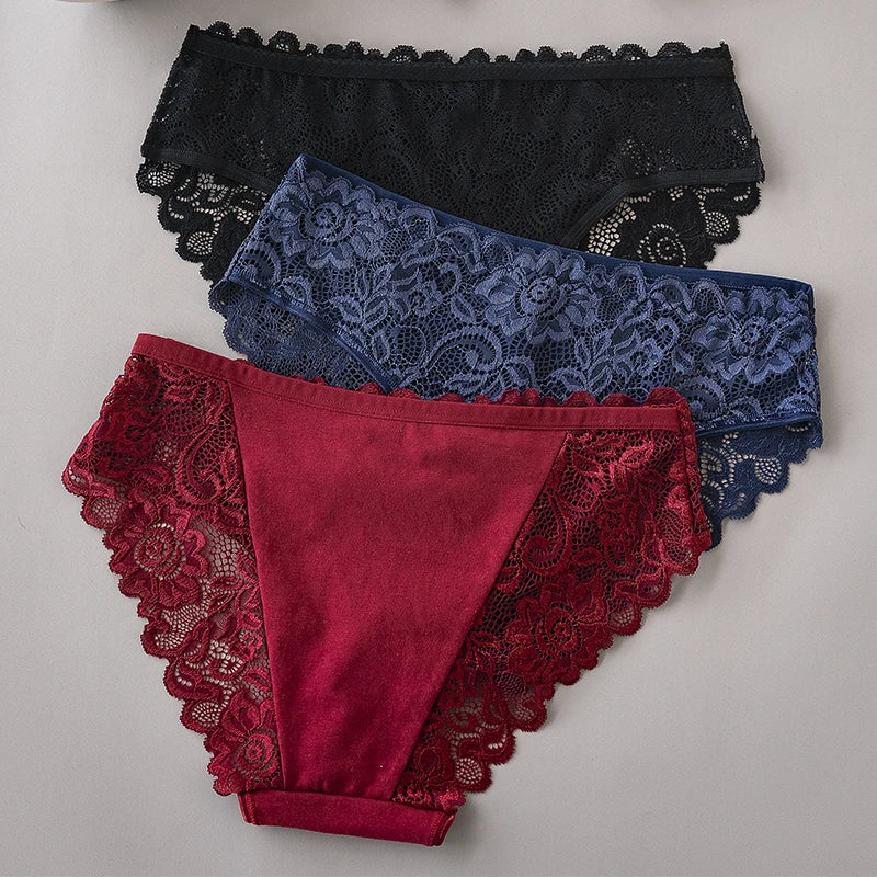 3-Piece Floral Lace Cotton Brief Set