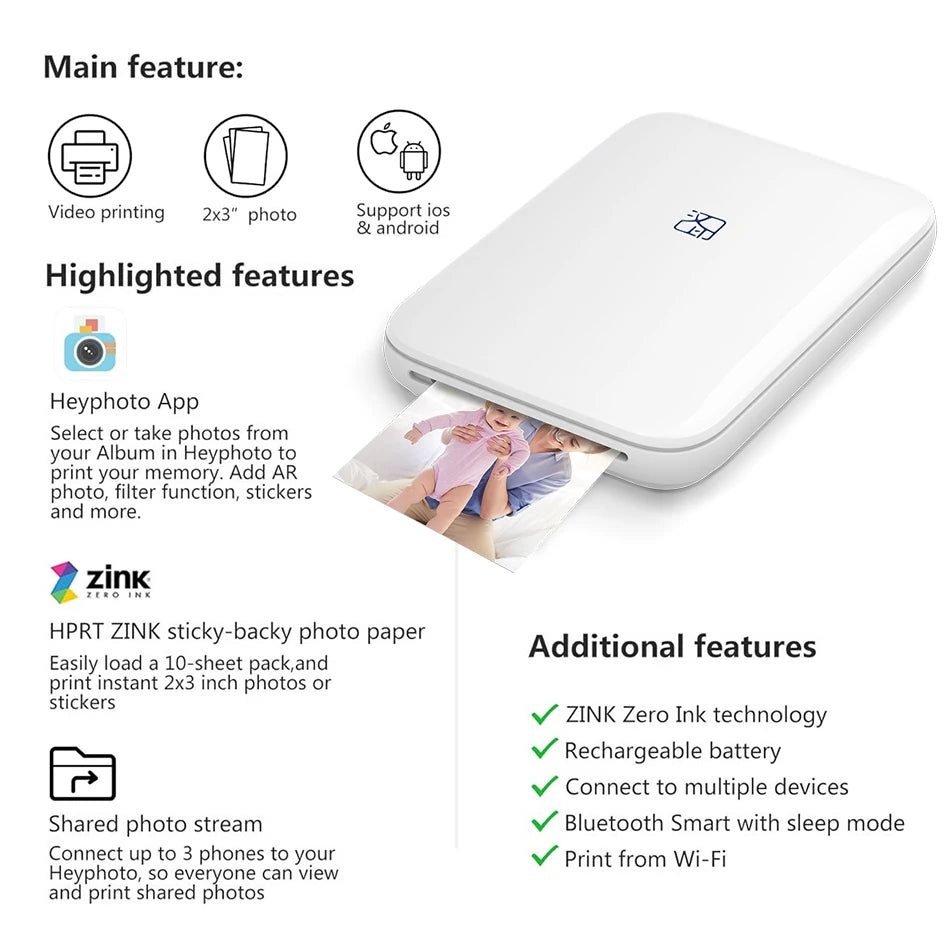 Portable Photo Printer – Wireless 2x3" Zink Printer + Sticky-Backed Pape