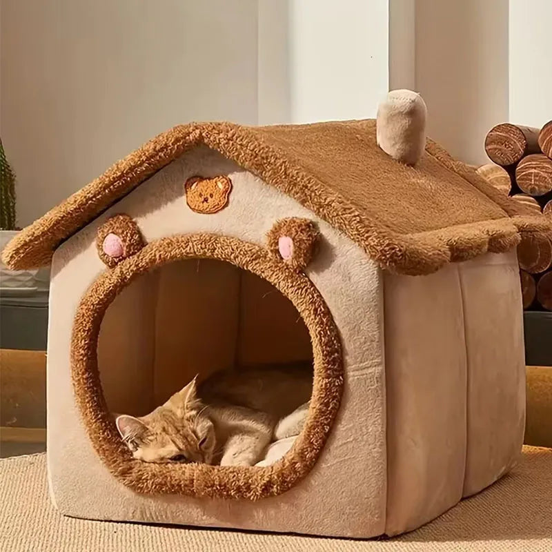 Foldable Cat & Puppy House – Soft Corduroy Pet Bed for Small Pets, Removable & Washable